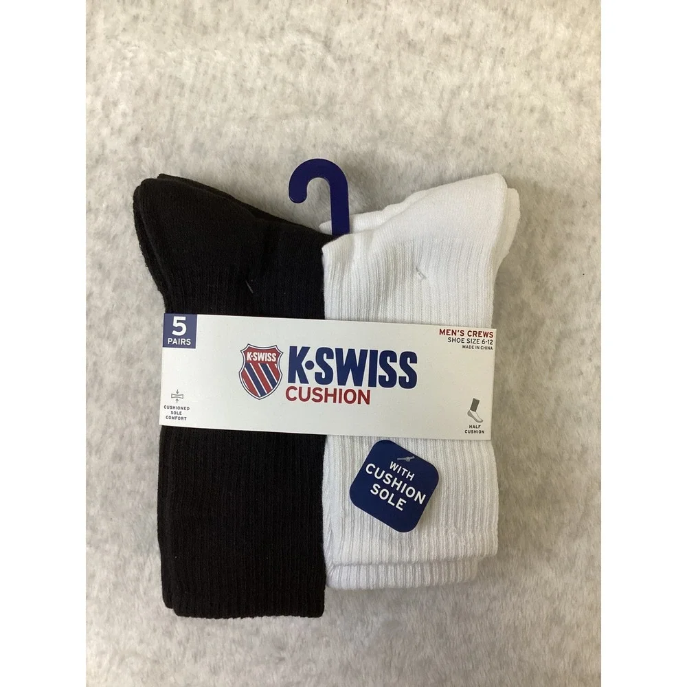 K-Swiss Mens Crew Socks 5 Pair Pack Black White Grey Shoe Size 6-12 KSSKM0153